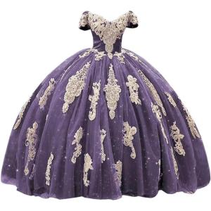 imageYoujiayi Gold Appliques Quinceanera Dresses with Train Puffy Lace Tulle Sweet 16 Dresses Sparkly Off Shoulder Long Ball GownDusty Purple