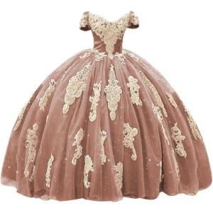 imageYoujiayi Gold Appliques Quinceanera Dresses with Train Puffy Lace Tulle Sweet 16 Dresses Sparkly Off Shoulder Long Ball GownDusty Rose