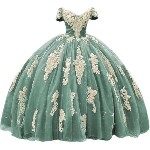 imageYoujiayi Gold Appliques Quinceanera Dresses with Train Puffy Lace Tulle Sweet 16 Dresses Sparkly Off Shoulder Long Ball GownDusty Sage