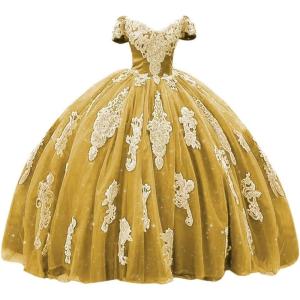 imageYoujiayi Gold Appliques Quinceanera Dresses with Train Puffy Lace Tulle Sweet 16 Dresses Sparkly Off Shoulder Long Ball GownGold