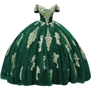 imageYoujiayi Gold Appliques Quinceanera Dresses with Train Puffy Lace Tulle Sweet 16 Dresses Sparkly Off Shoulder Long Ball GownGreen
