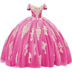 imageYoujiayi Gold Appliques Quinceanera Dresses with Train Puffy Lace Tulle Sweet 16 Dresses Sparkly Off Shoulder Long Ball GownHot Pink