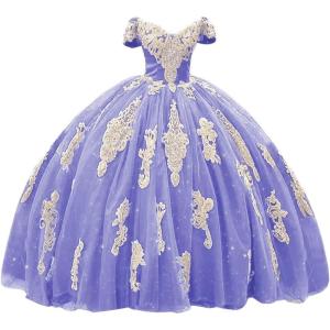 imageYoujiayi Gold Appliques Quinceanera Dresses with Train Puffy Lace Tulle Sweet 16 Dresses Sparkly Off Shoulder Long Ball GownLavender
