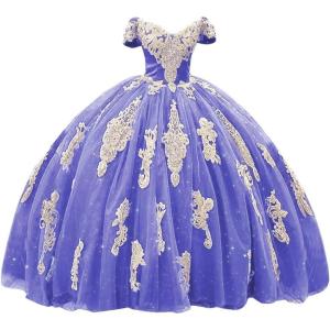 imageYoujiayi Gold Appliques Quinceanera Dresses with Train Puffy Lace Tulle Sweet 16 Dresses Sparkly Off Shoulder Long Ball GownLavender Deep