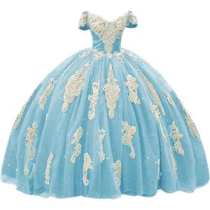 imageYoujiayi Gold Appliques Quinceanera Dresses with Train Puffy Lace Tulle Sweet 16 Dresses Sparkly Off Shoulder Long Ball GownLight Blue