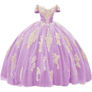 imageYoujiayi Gold Appliques Quinceanera Dresses with Train Puffy Lace Tulle Sweet 16 Dresses Sparkly Off Shoulder Long Ball GownLilac