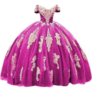 imageYoujiayi Gold Appliques Quinceanera Dresses with Train Puffy Lace Tulle Sweet 16 Dresses Sparkly Off Shoulder Long Ball GownMagenta