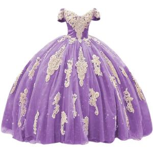 imageYoujiayi Gold Appliques Quinceanera Dresses with Train Puffy Lace Tulle Sweet 16 Dresses Sparkly Off Shoulder Long Ball GownMauve