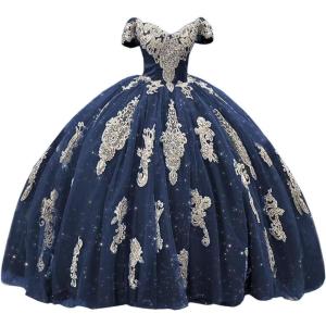 imageYoujiayi Gold Appliques Quinceanera Dresses with Train Puffy Lace Tulle Sweet 16 Dresses Sparkly Off Shoulder Long Ball GownNavy