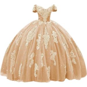 imageYoujiayi Gold Appliques Quinceanera Dresses with Train Puffy Lace Tulle Sweet 16 Dresses Sparkly Off Shoulder Long Ball GownPeach
