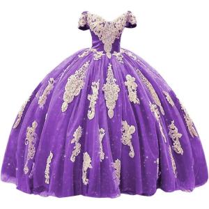 imageYoujiayi Gold Appliques Quinceanera Dresses with Train Puffy Lace Tulle Sweet 16 Dresses Sparkly Off Shoulder Long Ball GownPurple