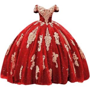 imageYoujiayi Gold Appliques Quinceanera Dresses with Train Puffy Lace Tulle Sweet 16 Dresses Sparkly Off Shoulder Long Ball GownRed