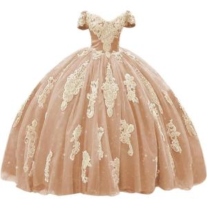 imageYoujiayi Gold Appliques Quinceanera Dresses with Train Puffy Lace Tulle Sweet 16 Dresses Sparkly Off Shoulder Long Ball GownRose Gold