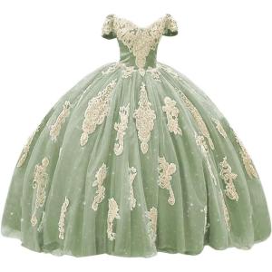imageYoujiayi Gold Appliques Quinceanera Dresses with Train Puffy Lace Tulle Sweet 16 Dresses Sparkly Off Shoulder Long Ball GownSage