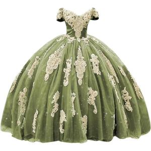 imageYoujiayi Gold Appliques Quinceanera Dresses with Train Puffy Lace Tulle Sweet 16 Dresses Sparkly Off Shoulder Long Ball GownSage Green