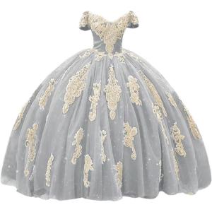 imageYoujiayi Gold Appliques Quinceanera Dresses with Train Puffy Lace Tulle Sweet 16 Dresses Sparkly Off Shoulder Long Ball GownSilver
