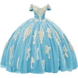 imageYoujiayi Gold Appliques Quinceanera Dresses with Train Puffy Lace Tulle Sweet 16 Dresses Sparkly Off Shoulder Long Ball GownSky Blue