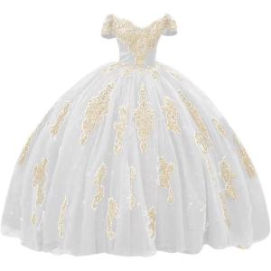 imageYoujiayi Gold Appliques Quinceanera Dresses with Train Puffy Lace Tulle Sweet 16 Dresses Sparkly Off Shoulder Long Ball GownTurquoise