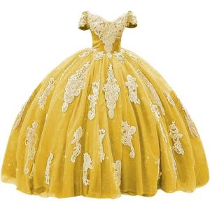 imageYoujiayi Gold Appliques Quinceanera Dresses with Train Puffy Lace Tulle Sweet 16 Dresses Sparkly Off Shoulder Long Ball GownWhite