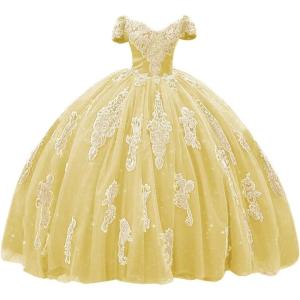 imageYoujiayi Gold Appliques Quinceanera Dresses with Train Puffy Lace Tulle Sweet 16 Dresses Sparkly Off Shoulder Long Ball GownYellow