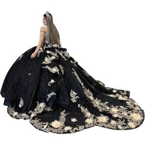 imageYoujiayi Gold Appliques Quinceanera Dresses with Train Spaghetti Strap Lace Sweet 16 Dresses Layered Ruffles Beaded Ball GownBlack