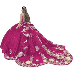 imageYoujiayi Gold Appliques Quinceanera Dresses with Train Spaghetti Strap Lace Sweet 16 Dresses Layered Ruffles Beaded Ball GownBright Pink