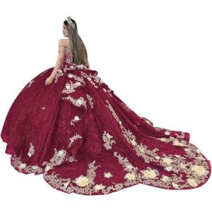 imageYoujiayi Gold Appliques Quinceanera Dresses with Train Spaghetti Strap Lace Sweet 16 Dresses Layered Ruffles Beaded Ball GownBurgundy
