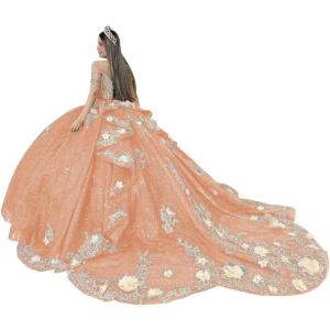 imageYoujiayi Gold Appliques Quinceanera Dresses with Train Spaghetti Strap Lace Sweet 16 Dresses Layered Ruffles Beaded Ball GownCoral