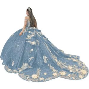 imageYoujiayi Gold Appliques Quinceanera Dresses with Train Spaghetti Strap Lace Sweet 16 Dresses Layered Ruffles Beaded Ball GownDusty Blue