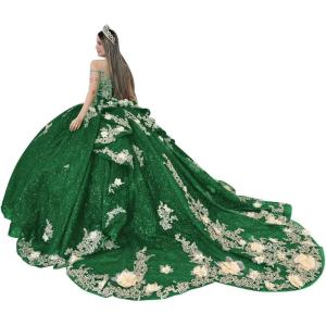 imageYoujiayi Gold Appliques Quinceanera Dresses with Train Spaghetti Strap Lace Sweet 16 Dresses Layered Ruffles Beaded Ball GownEmerald Green