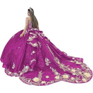 imageYoujiayi Gold Appliques Quinceanera Dresses with Train Spaghetti Strap Lace Sweet 16 Dresses Layered Ruffles Beaded Ball GownFuchsia