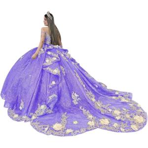 imageYoujiayi Gold Appliques Quinceanera Dresses with Train Spaghetti Strap Lace Sweet 16 Dresses Layered Ruffles Beaded Ball GownLavender Deep