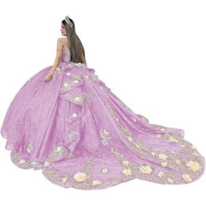 imageYoujiayi Gold Appliques Quinceanera Dresses with Train Spaghetti Strap Lace Sweet 16 Dresses Layered Ruffles Beaded Ball GownLilac