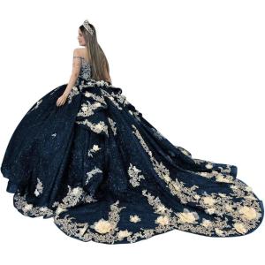 imageYoujiayi Gold Appliques Quinceanera Dresses with Train Spaghetti Strap Lace Sweet 16 Dresses Layered Ruffles Beaded Ball GownNavy