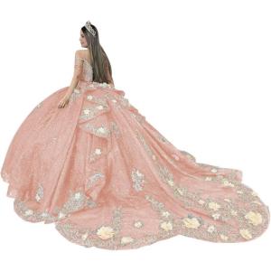 imageYoujiayi Gold Appliques Quinceanera Dresses with Train Spaghetti Strap Lace Sweet 16 Dresses Layered Ruffles Beaded Ball GownRose Gold