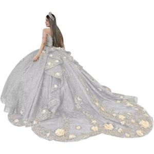 imageYoujiayi Gold Appliques Quinceanera Dresses with Train Spaghetti Strap Lace Sweet 16 Dresses Layered Ruffles Beaded Ball GownSilver