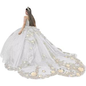 imageYoujiayi Gold Appliques Quinceanera Dresses with Train Spaghetti Strap Lace Sweet 16 Dresses Layered Ruffles Beaded Ball GownWhite