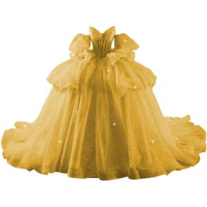 imageYoujiayi Lace Beaded Quinceanera Dresses with Sleeves Ruffle Tulle Sweet 16 Dress with Bow Layered Long Ball Gown for WomenGold