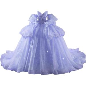imageYoujiayi Lace Beaded Quinceanera Dresses with Sleeves Ruffle Tulle Sweet 16 Dress with Bow Layered Long Ball Gown for WomenLavender