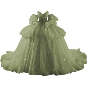 imageYoujiayi Lace Beaded Quinceanera Dresses with Sleeves Ruffle Tulle Sweet 16 Dress with Bow Layered Long Ball Gown for WomenSage Green