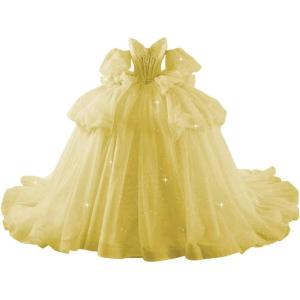 imageYoujiayi Lace Beaded Quinceanera Dresses with Sleeves Ruffle Tulle Sweet 16 Dress with Bow Layered Long Ball Gown for WomenYellow