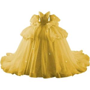 imageYoujiayi Lace Beaded Quinceanera Dresses with Sleeves Ruffle Tulle Sweet 16 Dress with Bow Layered Long Ball Gown for WomenYellow Dark