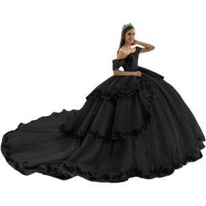 imageYoujiayi Layered Tulle Quinceanera Dresses with Train Lace Appliques Sweet 16 Dresses Sparkly Beaded Sequin Long Ball GownBlack