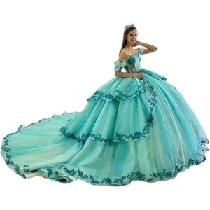 imageYoujiayi Layered Tulle Quinceanera Dresses with Train Lace Appliques Sweet 16 Dresses Sparkly Beaded Sequin Long Ball GownBlue