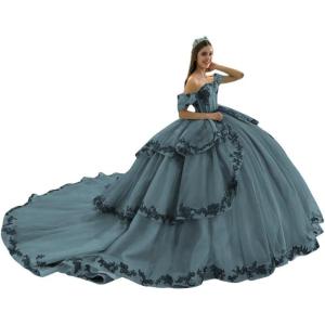 imageYoujiayi Layered Tulle Quinceanera Dresses with Train Lace Appliques Sweet 16 Dresses Sparkly Beaded Sequin Long Ball GownDusty Blue