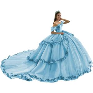 imageYoujiayi Layered Tulle Quinceanera Dresses with Train Lace Appliques Sweet 16 Dresses Sparkly Beaded Sequin Long Ball GownLight Blue