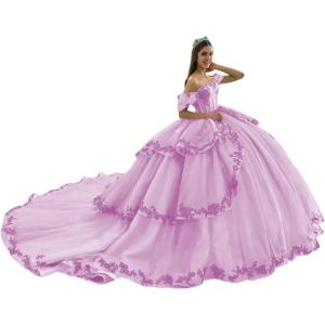 imageYoujiayi Layered Tulle Quinceanera Dresses with Train Lace Appliques Sweet 16 Dresses Sparkly Beaded Sequin Long Ball GownLilac
