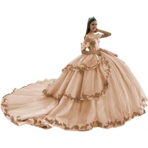 imageYoujiayi Layered Tulle Quinceanera Dresses with Train Lace Appliques Sweet 16 Dresses Sparkly Beaded Sequin Long Ball GownRose Gold