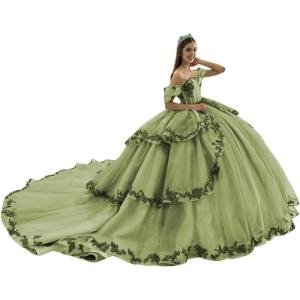 imageYoujiayi Layered Tulle Quinceanera Dresses with Train Lace Appliques Sweet 16 Dresses Sparkly Beaded Sequin Long Ball GownSage Green