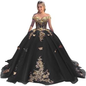 imageYoujiayi Off Shoulder Quinceanera Dresses Puffy Tulle Ball Gowns for Women Gold Appliques Sweet 16 DressesBlack
